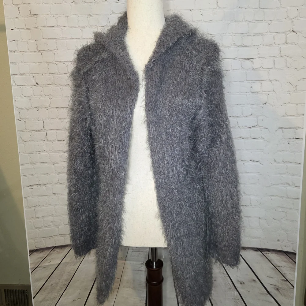 Military Hippie Gray Shaggy Hooded Cardigan Sweater Fuzzy Boho Jacket L/XL